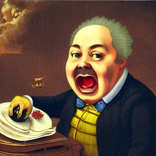 Prompt: childish fat politician with big stomch is eating souls of tiny peoples in baroque style