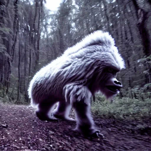 Image similar to cinematic film footage of a yeti running in the forest