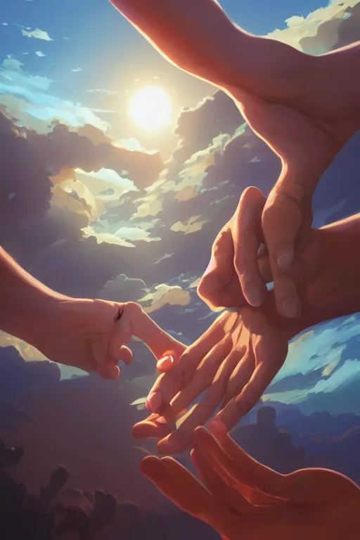 Image similar to a hand reaching out to another hand, behance hd by jesper ejsing, by rhads, makoto shinkai and lois van baarle, ilya kuvshinov, rossdraws global illumination ray tracing hdr radiating a glowing aura