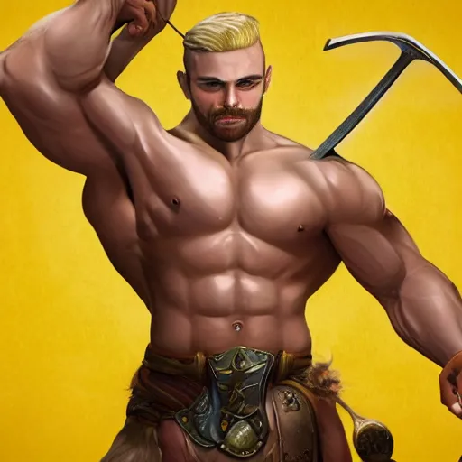 Image similar to camera footage of muscular man holding a sword with close - cropped blond hair and a long and yellow horseshoe mustache wearing brown sandals and short pants, 4 k, detailed, realistic, full body, real life