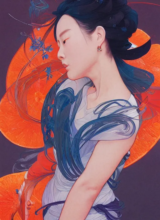 Image similar to portrait of mulan, koi fish, orange spike aura in motion, floating pieces, painted art by tsuyoshi nagano, greg rutkowski, artgerm, alphonse mucha, spike painting