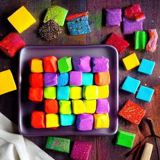 Image similar to photograph of a rainbow marshmallow cube with sprinkles on a dark wooden chopping board, hessian cloth, styled food photography, photorealistic, 4 k