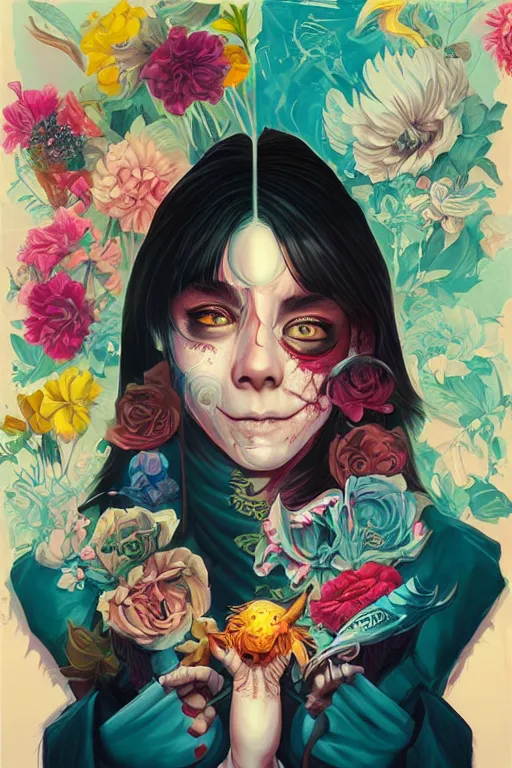 Prompt: an undead human smiling cute, tristan eaton, victo ngai, artgerm, rhads, ross draws