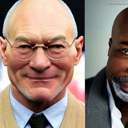 Image similar to a man who is a genetic combination of patrick stewart and jonathan frakes and levar burton and michael dorn and brent spiner, face and upper - body focus, detailed eyes