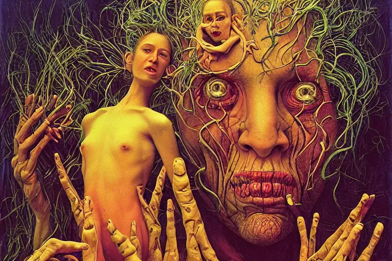 Image similar to 35mm color, mental health, humans enslaved, artificial intelligence, portrait, fashion shoot, freak show, weird, random, strange, hyperdetailed, photorealistic, interesting, by David la chapelle and karol bak and david cronenberg and WETA digital, art by Zdzisław Beksiński, Ivan Bilibin, Dariusz Zawadzki , ID magazine, octane rendering, cinematic, hyperrealism, octane rendering, 8k, depth of field, bokeh.