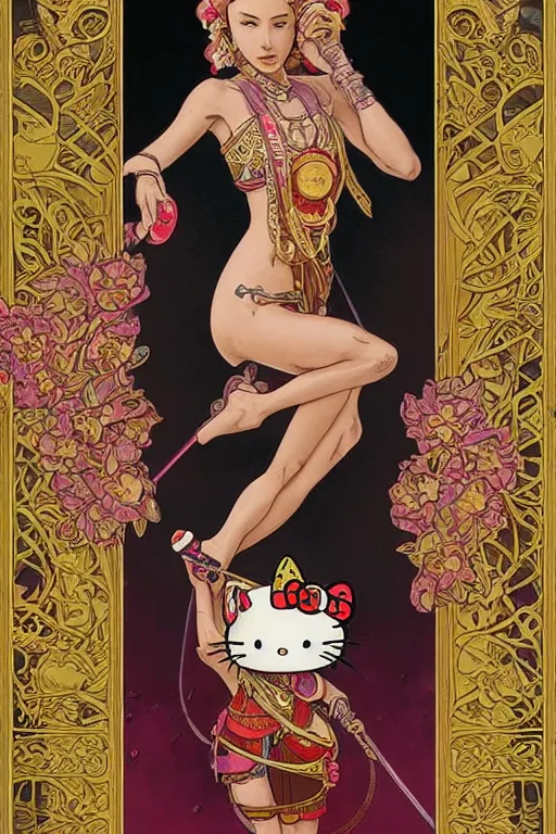 Prompt: Death tarot card design portraying Hello Kitty in ancient Java style, D&D, MtG art,fantasy, intricate, elegant, highly detailed, digital painting, artstation, concept art, smooth, sharp focus, hyperrealistic,illustration, art by artgerm and greg rutkowski and alphonse mucha