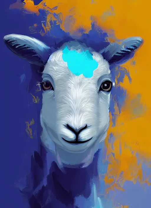 Image similar to a painting of a lamb's face with blue and yellow smoke coming out of, a digital painting by petros afshar, behance contest winner, digital art, behance hd, digital illustration, digital painting