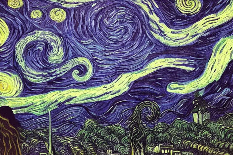 Prompt: man is seeing old god eldritch horror cthulhu terrifying the night sky of a city, epic scene, hyper - detailed, gigantic cthulhu, realistic dark - art painted by van gogh