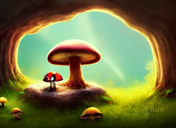 Image similar to a cute creature sitting next to a mushroom, illustration for a children's book, digital art, detailed, rim light, exquisite lighting, clear focus, very coherent, soft lighting, character design, concept, atmospheric, dystopian, sci - fi, dark, trending on artstation, fog, sun flare