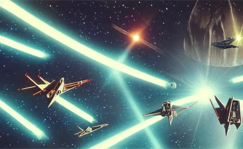 Image similar to iconic cinematic screen shot of fleet of x wing star fighters from the 1 9 8 0 s star wars sci fi film by stanley kubrick, optical glowing lasers, volumetric light, full of detail, 4 k uhd, kodak film stock, anamorphic lenses 2 4 mm, lens flare, iconic cinematography, award winning