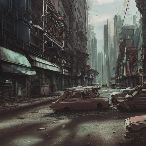 Prompt: hyperrealistic matte painting of a desolate city street, shadows of cyberpunk drifters roaming tall abandoned buildings, intricate detail, vr, cables, distortions, piping, 8 k resolution, by hugh ferris, concept art, trending on artstation