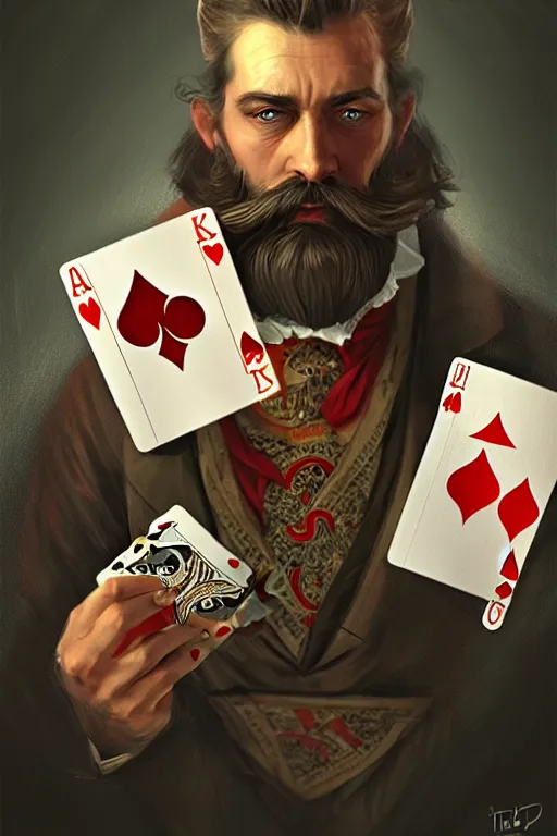 Image similar to lower chin bearded round face with no moustache, magician holding playing cards, realistic, modern, magicians eyes are covered with cloth, intricate, elegant, highly detailed, digital painting, artstation, concept art, addiction, chains, smooth, sharp focus, illustration, art by ilja repin