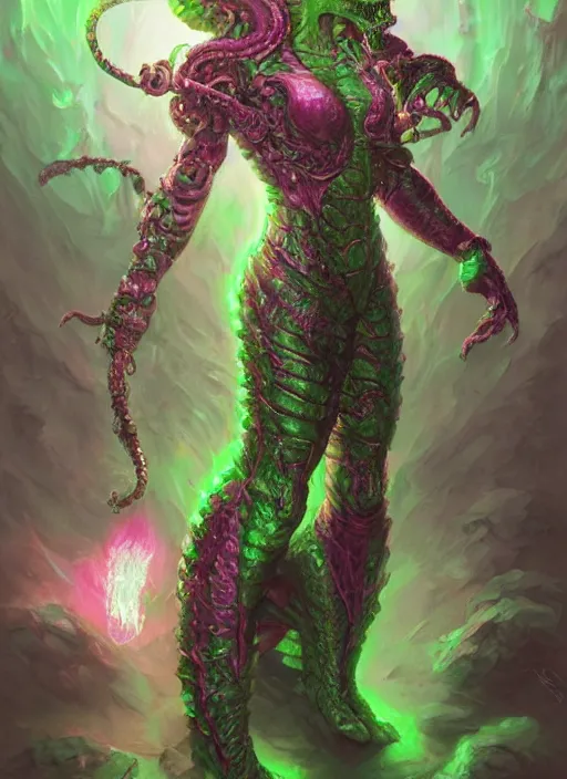 Image similar to dark lovecraft horror machine glowing reptile eyes, pink and green metal armor, elegant, highly detailed, centered, digital painting, artstation, concept art, smooth, sharp focus, illustration, artgerm, tomasz alen kopera, peter mohrbacher, donato giancola, joseph christian leyendecker, wlop, frank frazetta