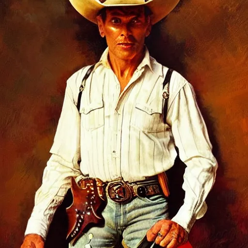 Prompt: a man, cowboy hat, portrait, cowboy movie character, wild west, fantasy, highly detailed, oil painting, illustration, art by Charles E. Chambers, J. C. Leyendecker and norman rockwell