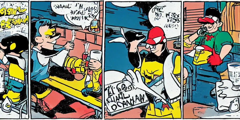 Image similar to Ness from Earthbound Aquaman and a Penguin having drinks at a bar, comic book style