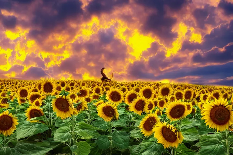 Prompt: portrait, photo of a dragonite smiling at the camera, beautiful, scene : sunflower field, colors : yellow sunflowers, cloudy sky, in a style of real - life natural photo