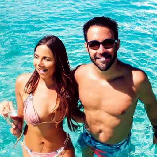 Image similar to photo of a 4 0 year old man that looks young for his age dating a very attractive legal 2 2 year old colombian woman wearing a bikini. they are swimming.