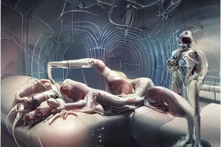 Prompt: the birth of the cyborg sleeping chambre / artificial womb by david pearce. hedonic imperative expressed as a pan - species techno - utopia imagined by jim burns and james gurney. masterpiece scifi artwork, trending on artstation, 8 k