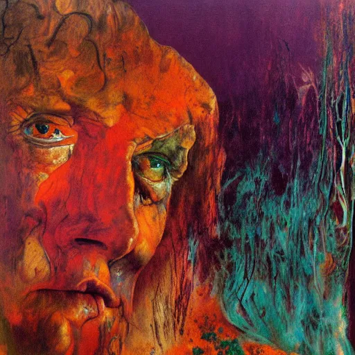 Prompt: high quality high detail expressionist painting zdzislaw beksinski by lucian freud and jenny saville and francis bacon and francisco goya and edvard munch, hd, anxiety, turquoise and purple and orange and pink