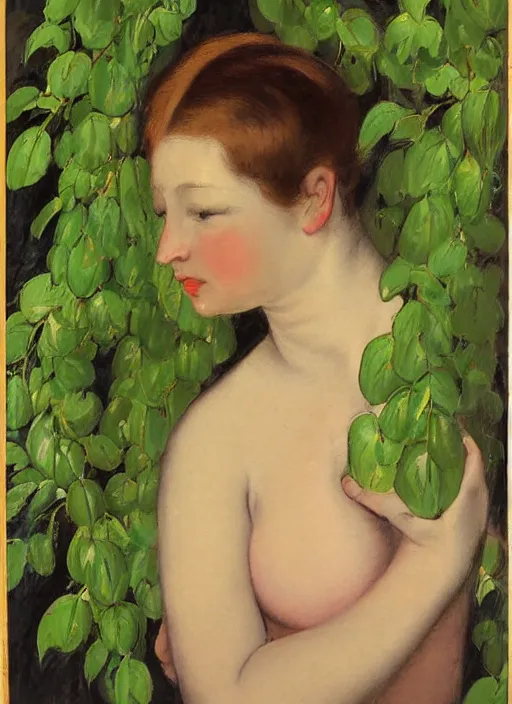 Prompt: vintage beautiful painting of a woman getting suffocated by pear dark green vines in Mary Cassatt style