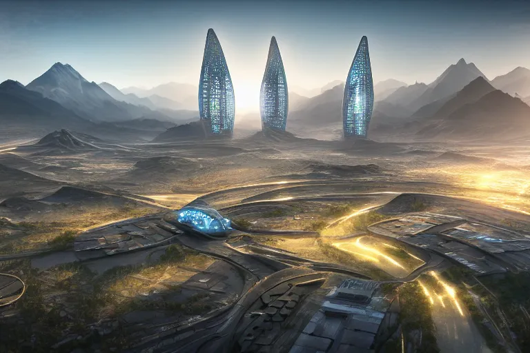 Prompt: futuristic city located in valley in kyrgyz, sunrise, vray, hdr, overhead view, photorealistic, highly detailed, 4 k, solarpunk