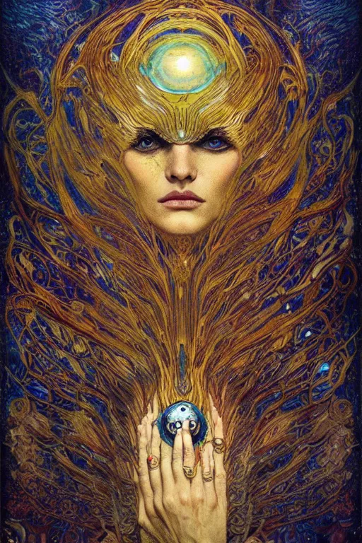 Image similar to Intermittent Chance of Chaos Muse by Karol Bak, Jean Deville, Gustav Klimt, and Vincent Van Gogh, enigma, fate, otherworldly, fractal structures, arcane, prophecy, ornate gilded medieval icon, third eye, spirals