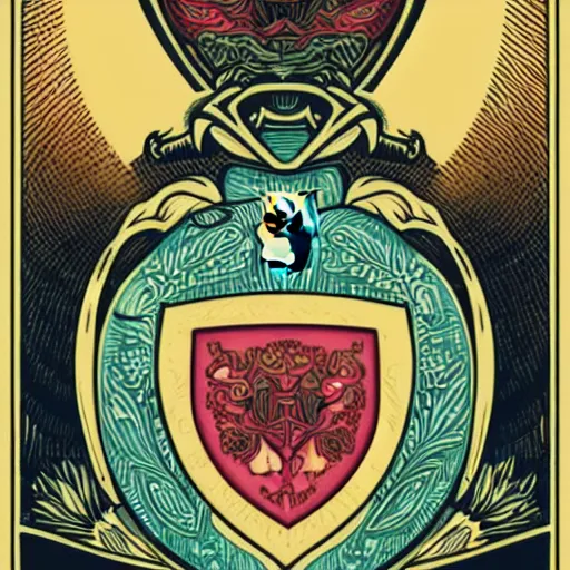 Prompt: devon rex family crest with apple logo, style of kilian eng, light, high fantasy, illustration, tattoo