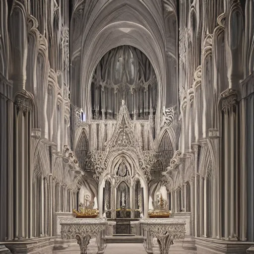 Prompt: a hyperrealistic 3 d render of a delicate ivory sculpture of an ornate detailed cathedral populated by mandelbrot fractals, micro detail, unreal engine, backlit lighting, octane renderer, catholicpunk, glowing, photorealistic, physically based rendering, carved soap, trending on cgsociety