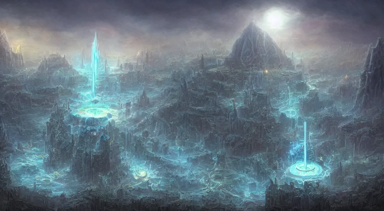 Prompt: tony diterlizzi's beautiful digital painting of sigil, the city of doors, located atop the spire in the outlands. it has the shape of a torus, and the city itself is located on the inner surface of the ring. there is no sky., digital art, volumetric lightning, amazing fantasy art