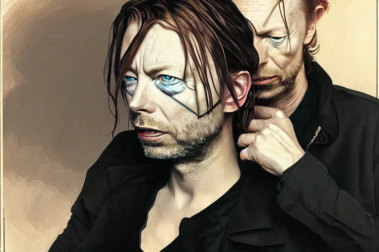 Prompt: hyper realistic portrait of wider faced thom yorke mixed with david bowie, bigger forehead, bigger chin, on a stage, by lee bermejo, alphonse mucha and greg rutkowski