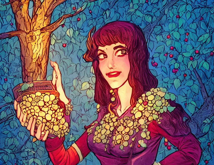 Prompt: berry priestess of the waffle mountains. gouache by award - winning comic book artist, chiaroscuro, intricate details, bokeh, backlighting, field of depth, safe for work