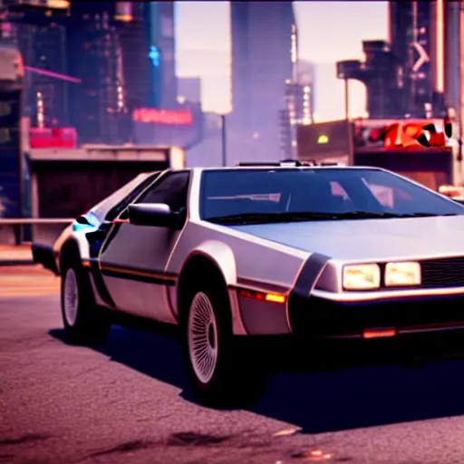 Image similar to flying dmc 1 2 delorean in cyberpunk 2 0 7 7