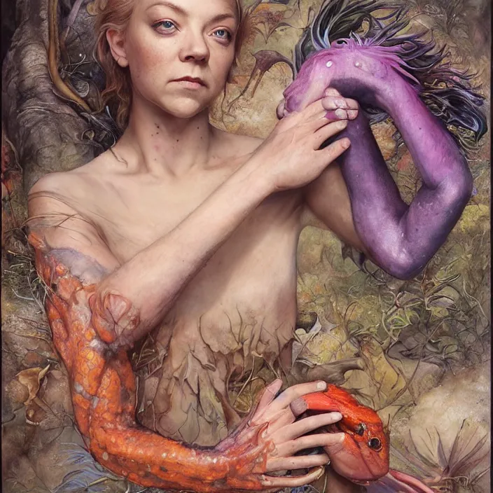 Image similar to a portrait photograph of natalie dormer as a brightly colored harpy salamander hybrid with wet mutated skin. wearing a prosthetic organic catsuit. by tom bagshaw, donato giancola, hans holbein, walton ford, gaston bussiere, brian froud, peter mohrbacher and magali villeneuve. 8 k, cgsociety