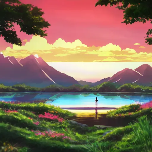 Prompt: key anime visual of a beautiful, glistening lake in a forest, surrounded by wildflowers, with mountains in the background and cumulus clouds, littering the sky, during sunrise, modern anime style