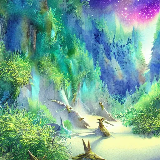 Image similar to beautiful lush natural scene on another planet, with creatures. lightfall. beautiful detailed watercolor. trending on artstation and deviantart.