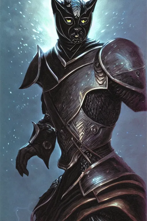 Prompt: head and shoulders portrait of an eldrich knight, drow, dark elf, shadar kai, armored, magical, male, black cat familiar, high fantasy, d & d, by boris vallejo, face details, extremely detailed, digital illustration