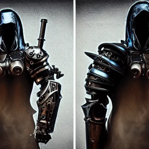 Image similar to cyberpunk crusader, armor on arms and legs, huge biomechanical axe on shoulder, wearing hoodie, crusader helmet under hood