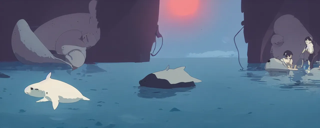 Image similar to piranhas devouring a baby harp seal, blood in the water, atey ghailan, goro fujita, studio ghibli, rim light, dark lighting, clear focus, very coherent