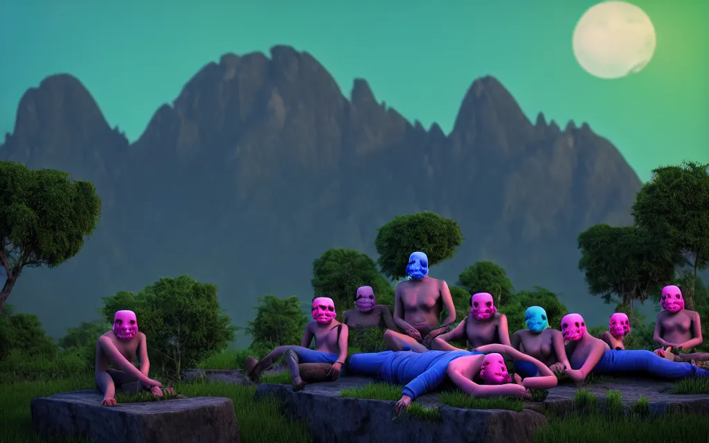 Image similar to a crowd of necromancers dressed in blue around a person in green clothing and a pink elephant face mask, lying on top of a rectangular rock in the center, mountains in the background, twilight lighting, ultra realistic, cycles render engine, 8 k,