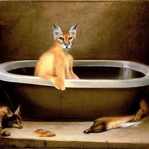 Image similar to cute caracal in bathtub, by Valentin de Boulogne