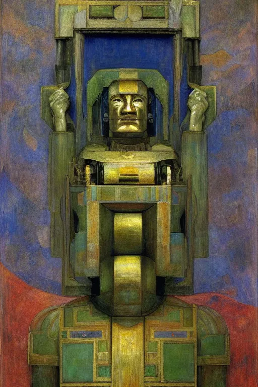 Image similar to the robot in his regalia, by Annie Swynnerton and Diego Rivera and Elihu Vedder, symbolist, dramatic lighting, elaborate geometric ornament, Art Brut, soft blues and greens,smooth, sharp focus, extremely detailed, Adolf Wölfli, octane render