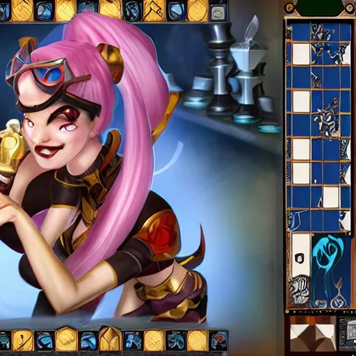 Image similar to Jinx (from league of legends) sitting by a table playing chess