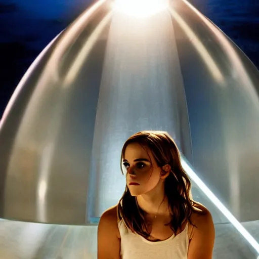 Image similar to emma watson floating in a beam of blue light underneath a silver flying saucer at night,