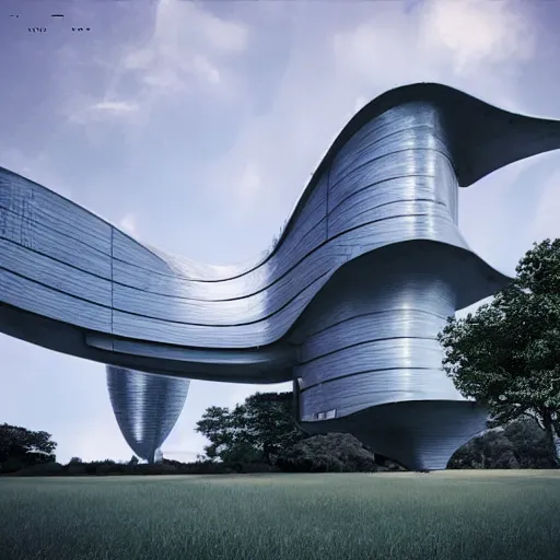 Prompt: a chillwave futuristic building!!! in a serene landscape!