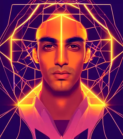 Image similar to symmetry!! indian prince of technology, solid cube of light, hard edges, product render retro - futuristic poster scifi, lasers and neon circuits, brown skin handsome indian prince, intricate, elegant, highly detailed, digital painting, artstation, concept art, smooth, sharp focus, illustration, dreamlike, art by artgerm