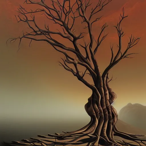 Image similar to a painting of a tree in the desert, a striking airbrush painting by breyten breytenbach, cgsociety, neo - primitivism, airbrush art, dystopian art, apocalypse landscape