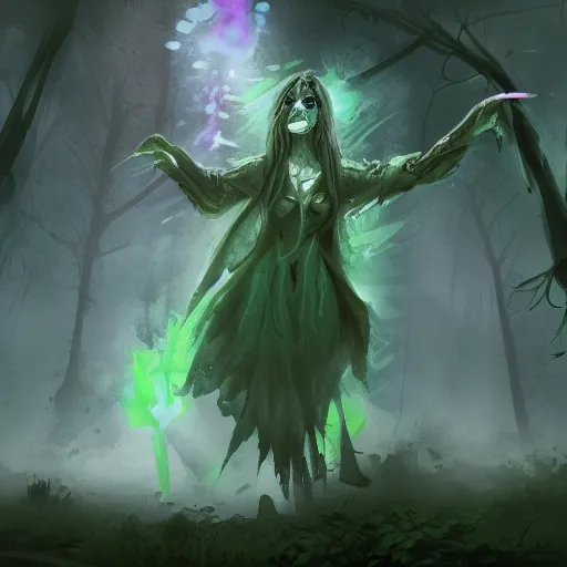 Prompt: a female necromancer is summoning her undead army in a forest, her hand emit a green vapour, dynamic pose, chromatic aberration , medium level shot, Grim fantasy, illustration ,digital painter, concept art,