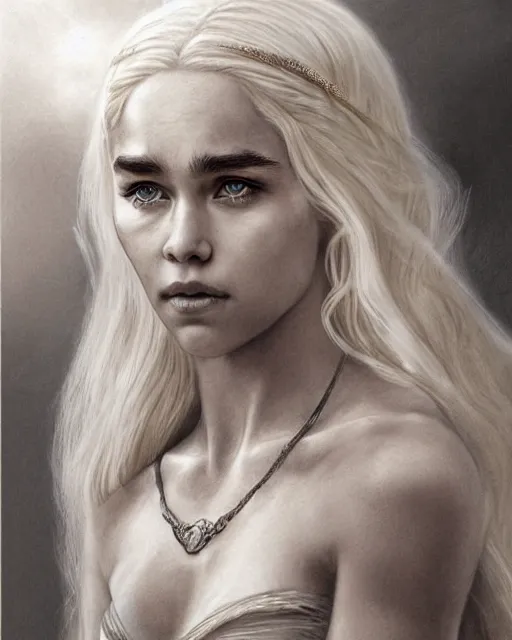 Image similar to pencil drawing of beautiful daenerys targaryen as greek goddess aphrodite with arrowhead jewelry, beautiful piercing eyes, beautiful blonde hair, hyper realistic face, in the style of greg rutkowski, fantasy, amazing detail, epic, elegant, smooth, sharp focus, from the front