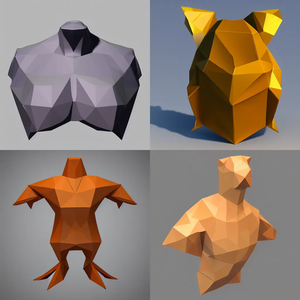 Prompt: Low poly model of a creature with a chest