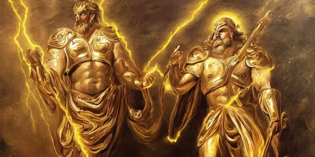 Image similar to a beautiful painting of zeus with his gold armor ready for a battle, with his lightning.